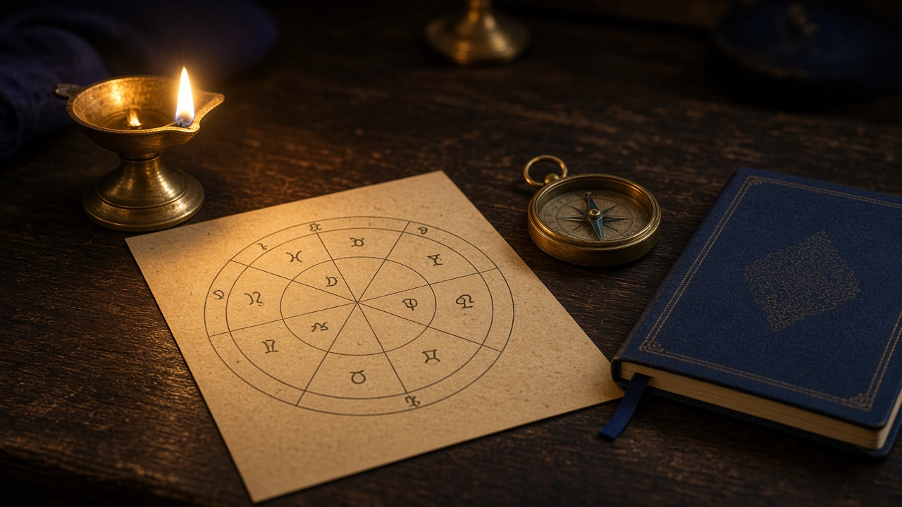 A lamplit desk with a printed natal chart, brass lamp, and notebook