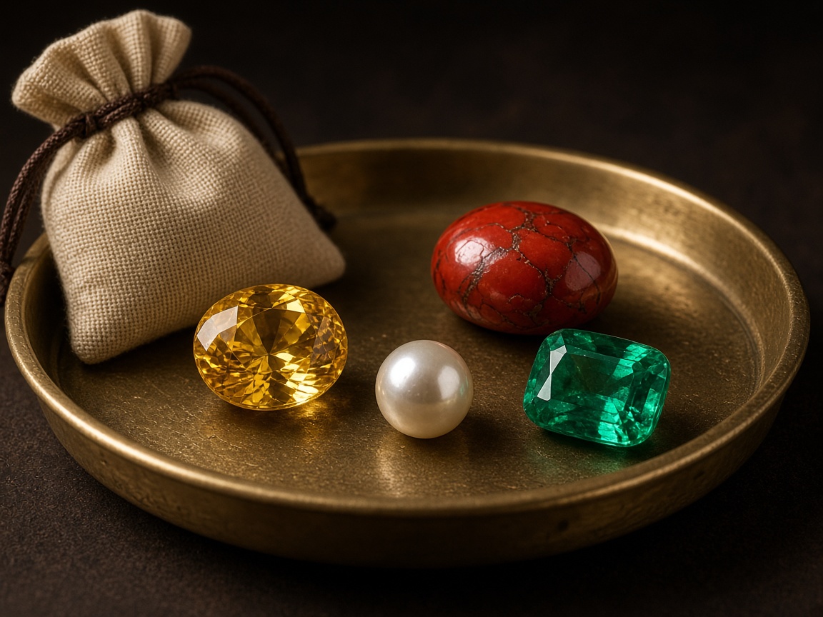 Yellow, red, pearl, and green stones on a brass tray