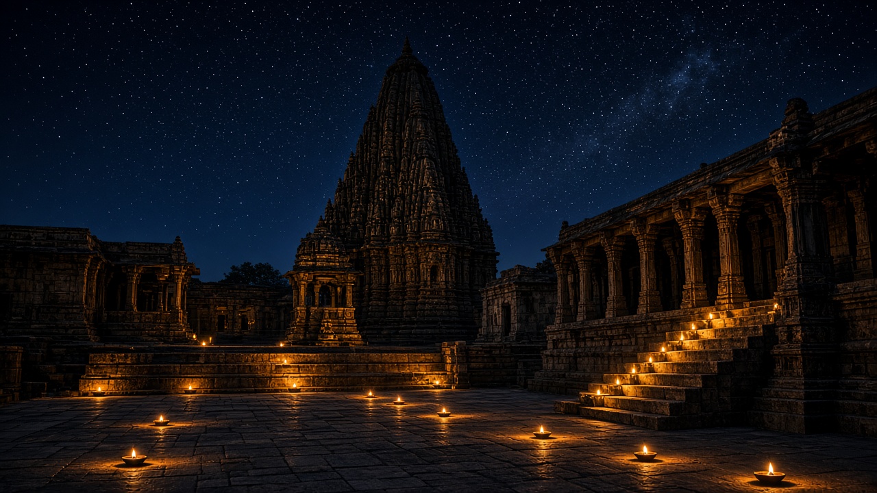 A temple courtyard at night under a star-filled sky