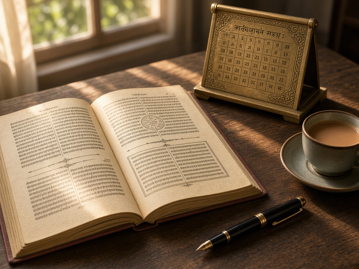 An open traditional almanac on a morning desk
