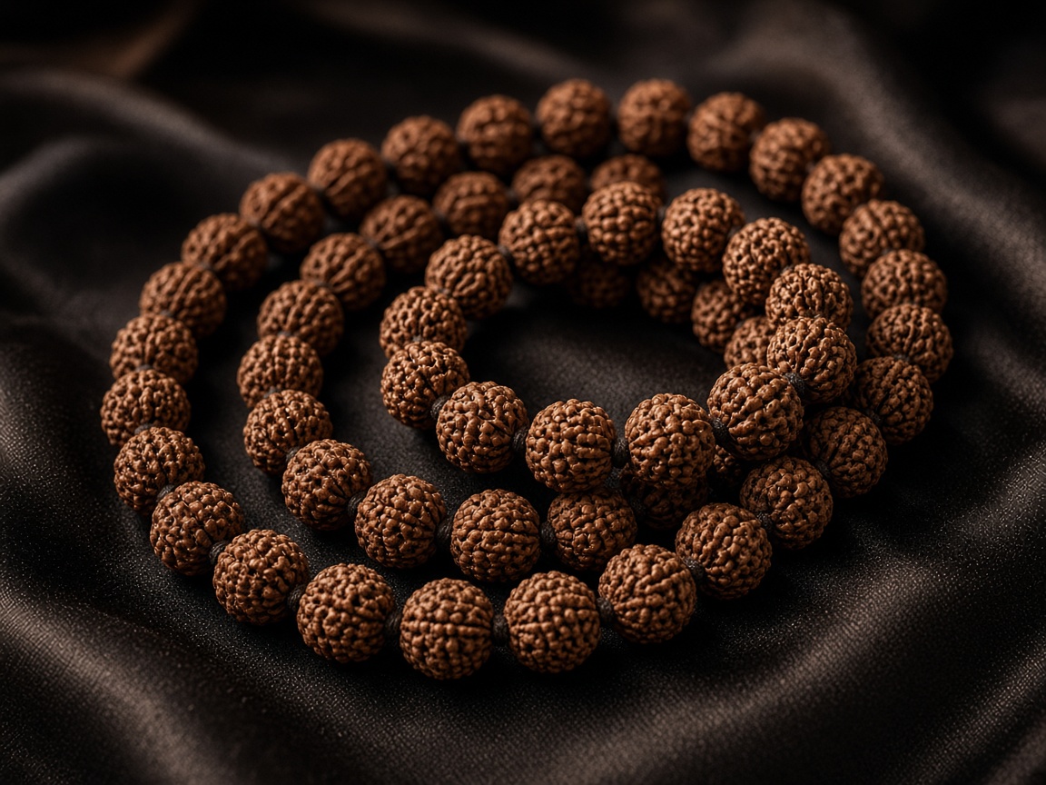 A coiled rudraksha mala on dark silk