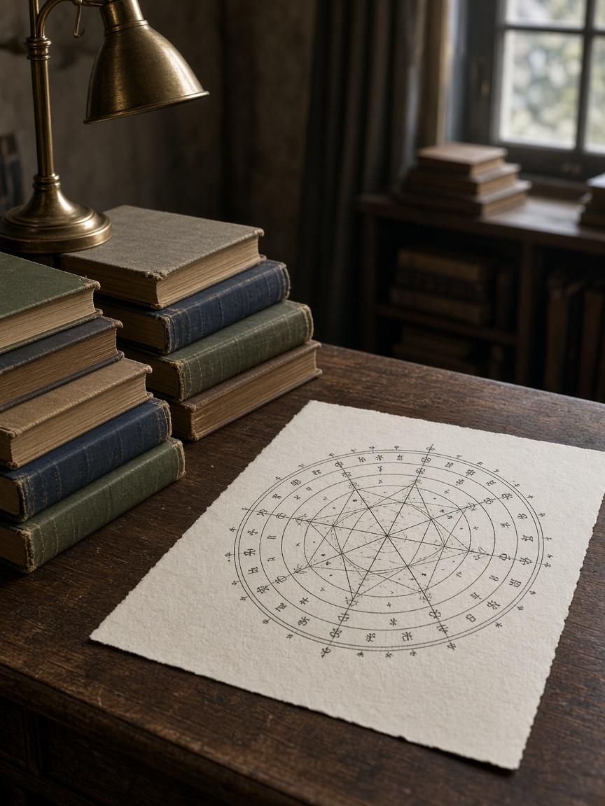 A study desk with cloth-bound books, a brass lamp, and a hand-drawn chart
