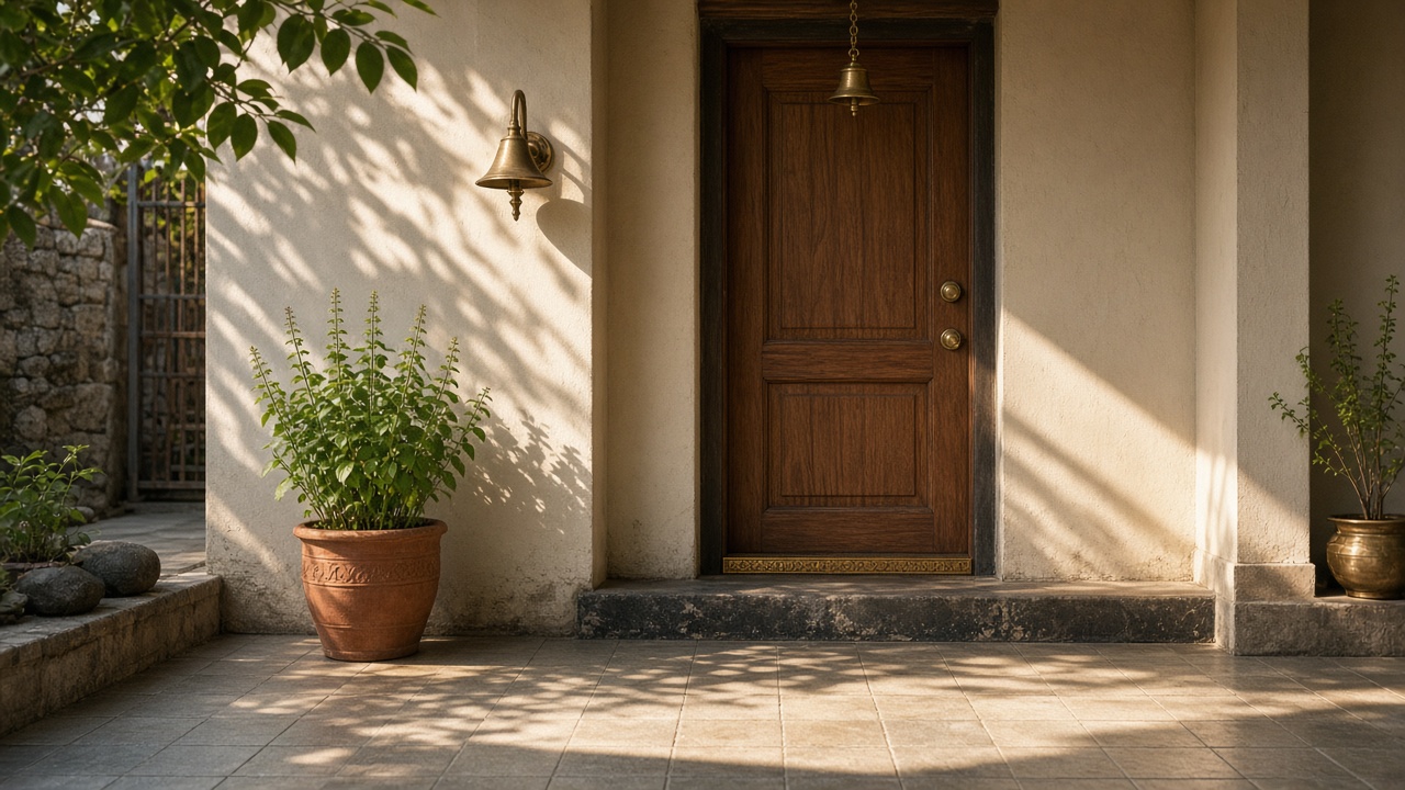 A sunlit Indian home entrance with a wooden door and courtyard