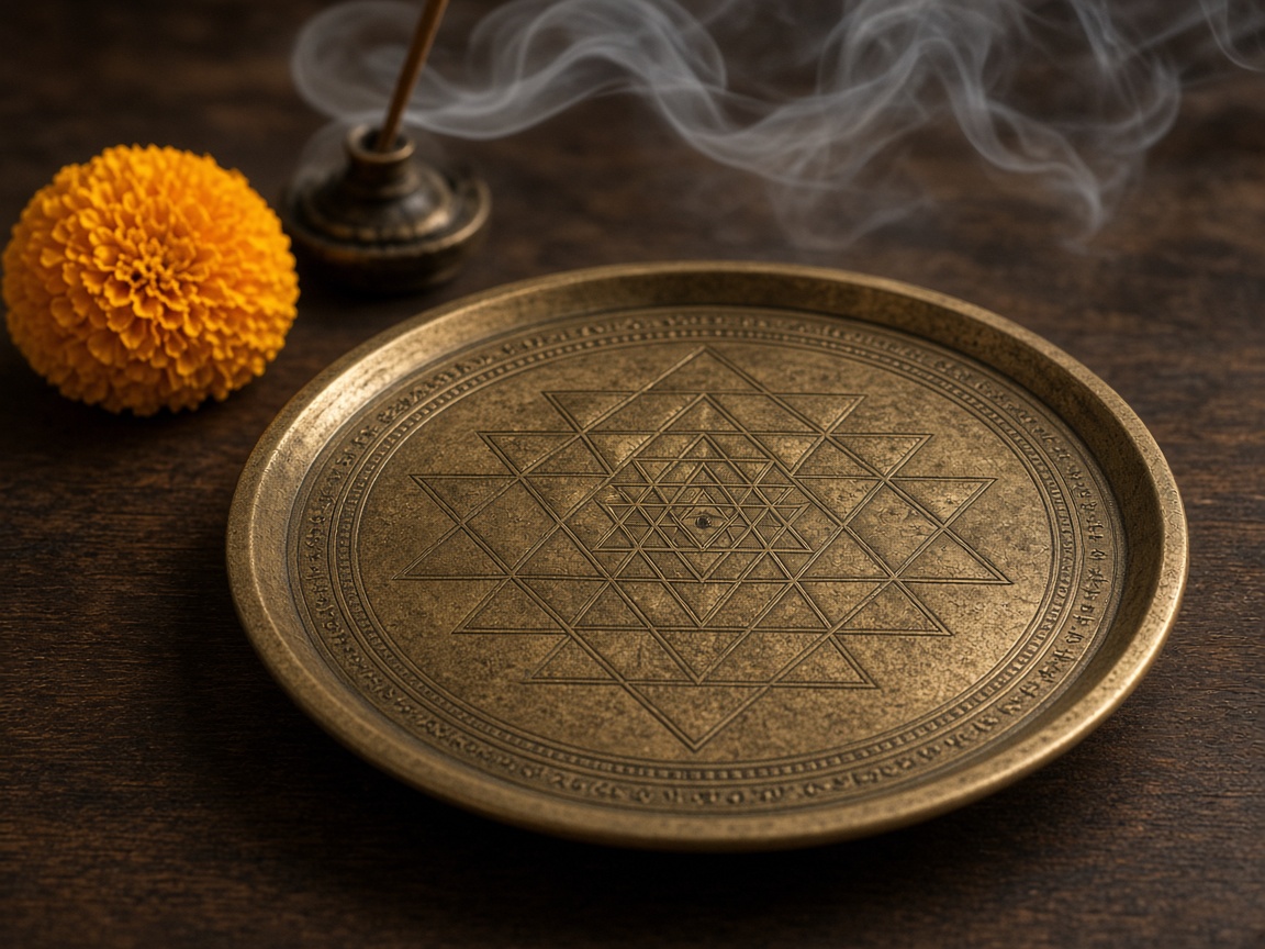 An engraved brass yantra on a wooden altar